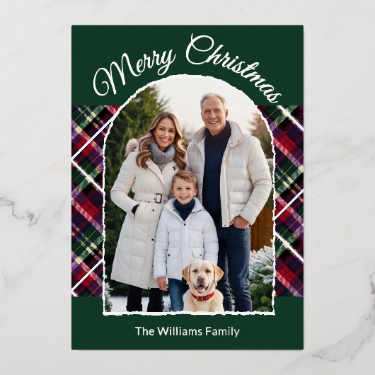 タータンチェック素朴格子模様アーチ写真グリーンクリスマス 箔シーズンカード (正面)