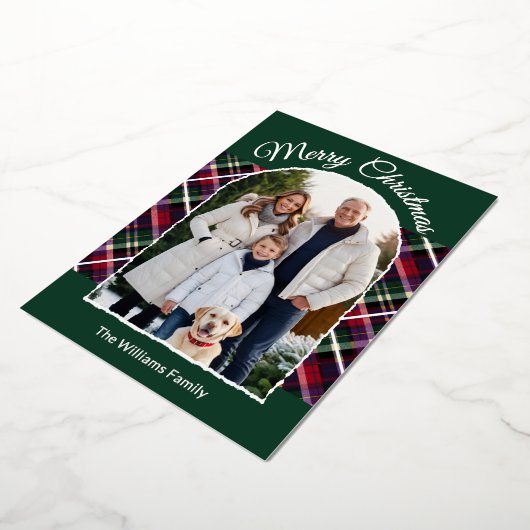 タータンチェック素朴格子模様アーチ写真グリーンクリスマス 箔シーズンカード (回転した状態)