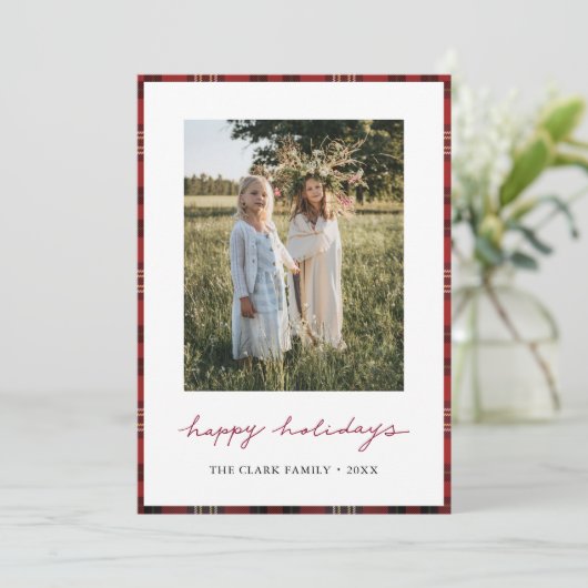 タータンチェック縁ど/バックハッピーホリデーのフォトカード シーズンカード (スタンド正面)