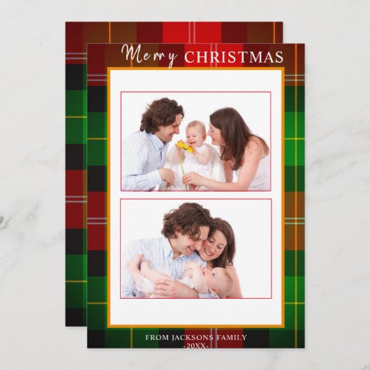 タータンチェック金ゴールドフレームメリークリスマス2写真 シーズンカード (正面/裏面)