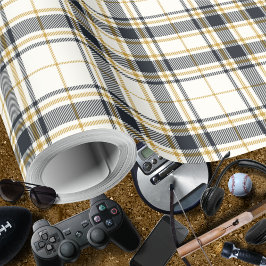 タータンチェック-アイボリーマスタード金ゴールドとグラファイト ラッピングペーパー