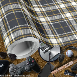 タータンチェック – グラファイトアイボリーとマスタード金ゴールド ラッピングペーパー