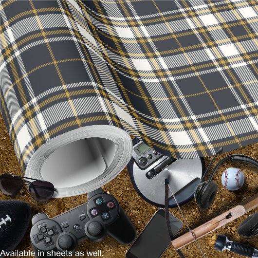 タータンチェック – グラファイトアイボリーとマスタード金ゴールド ラッピングペーパー