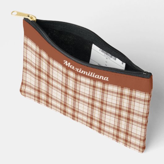 タータンチェック – セメントブラウン – 小包帯 アクセサリーポーチ (見開き)