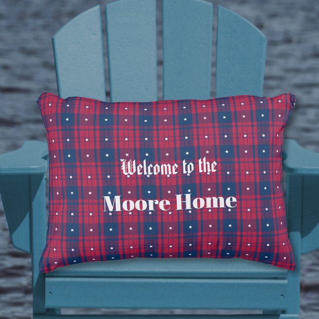 タータンチェック – 愛国的 – 赤い青の星アクセント アウトドアクッション (Tartan - Patriotic - Red Blue White Stars Accent Outdoor Pillow by Leapfroglisics Shop)