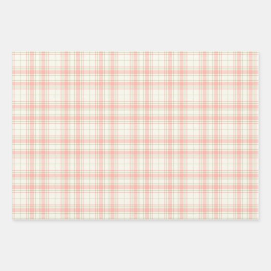 タータンチェック-深いピンク – セージ緑 – 追加ライトアイボリー ラッピングペーパーシート (正面)