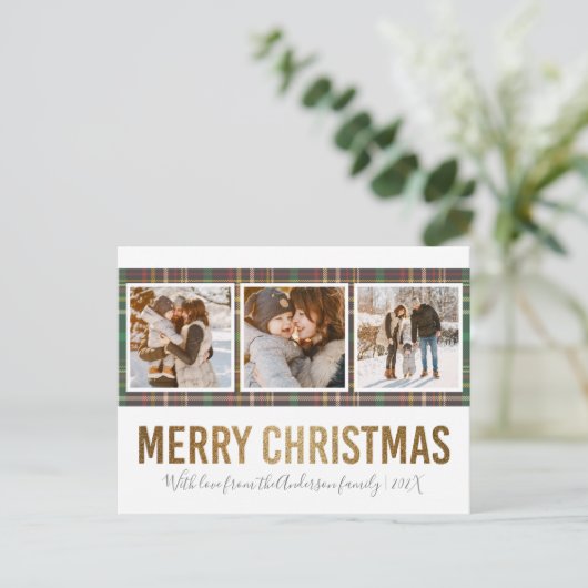 タータンチェック&金ゴールドメリークリスマス3家族の写真 ポストカード (スタンド正面)