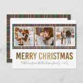 タータンチェック&金ゴールドメリークリスマス3家族の写真 ポストカード (正面/裏面)