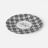タータン柄のクリスマスブラックホワイトモノグラム ペーパープレート (アングル)