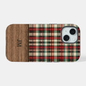 タータン・チェックの木製モノグラム入りスマホケース iPhone 15ケース (裏面横)
