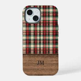 タータン・チェックの木製モノグラム入りスマホケース iPhone 15ケース