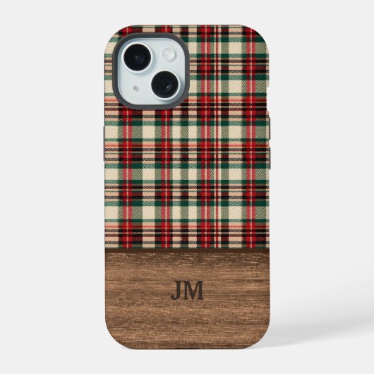 タータン・チェックの木製モノグラム入りスマホケース iPhone 15ケース (裏面)