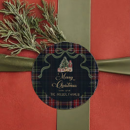 タータン プリントのプレッピーなクリスマスパーティーステッカー ラウンドシール