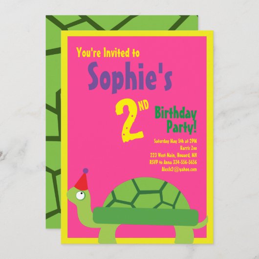 タートルアニマルキッズバースデーパーティ招待状 招待状 (正面/裏面)