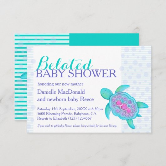 タートルアートのベビーシャワー新生児アクア 招待状 (正面/裏面)