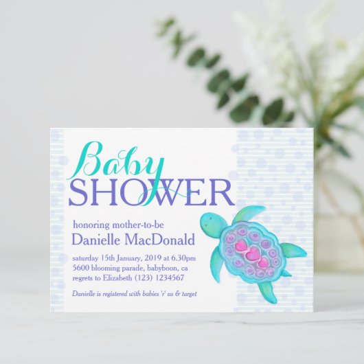 タートルアート赤ちゃんシャワーアクアパープル招待状 招待状 (スタンド正面)