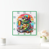 タートルスケートボーダーが飲み物のアウトドアを飲む スクエア壁時計 (ホーム)