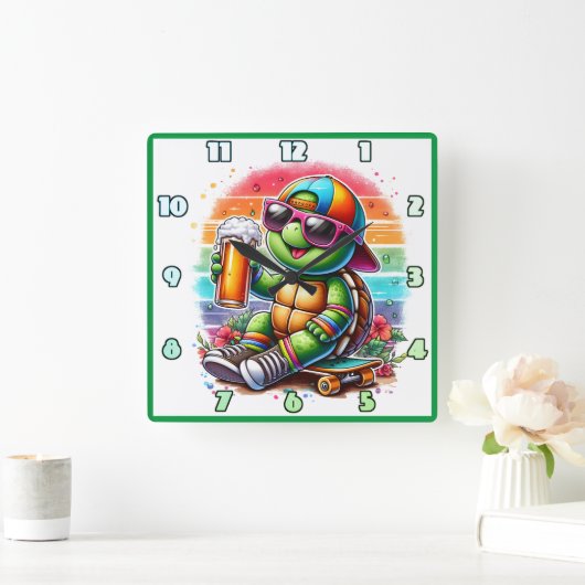 タートルスケートボーダーが飲み物のアウトドアを飲む スクエア壁時計 (ホーム)