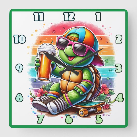 タートルスケートボーダーが飲み物のアウトドアを飲む スクエア壁時計 (正面)