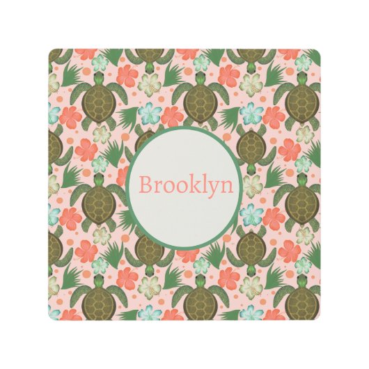 タートルハイビスカスピンクフローラ子供部屋 メタルプリント (正面)