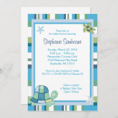 タートルベイストライプブルーの男の子/女の子ベイシャワー5x7 招待状 (正面/裏面)