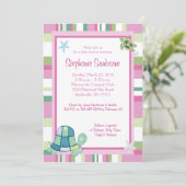 タートルベイピンクストライプの女の子ベビーシャワー5x7 招待状 (スタンド正面)