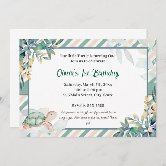 タートルボーイ誕生日の招待かわいい水色 招待状 (正面/裏面)