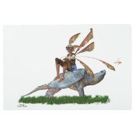 タートルメタルウォールアートに乗る男の子の妖精 メタルプリント