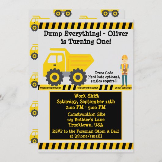 ターニングワン誕生日イエロートラック建築 招待状 (正面/裏面)