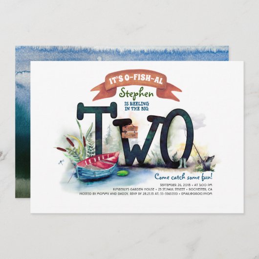 ターニング2魚釣りをテーマにした男の子誕生日 招待状 (正面/裏面)