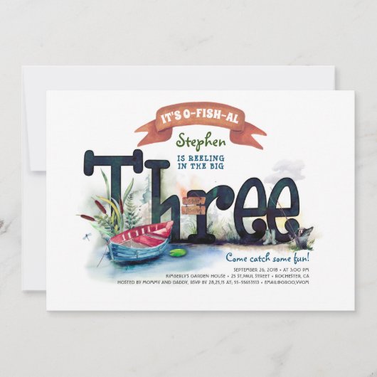 ターニング3魚釣りをテーマにしたボーイズ誕生日招待状 招待状 (正面)