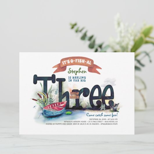 ターニング3魚釣りをテーマにしたボーイズ誕生日招待状 招待状 (スタンド正面)
