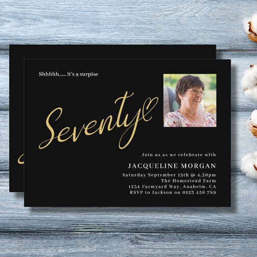 ターニング70ブラック金ゴールド70th誕生日写真 招待状