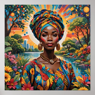ターバンと鮮やかフローラを着た女性 ポスター