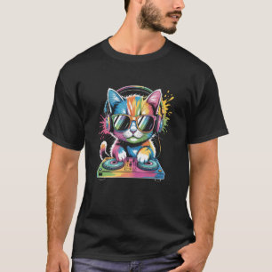 ターンテーブルでEDMシンセサイザーレイブミュージックを楽しむ子猫のDJ Tシャツ