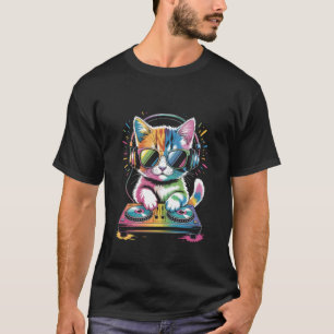 ターンテーブルでEDMシンセサイザーレイブミュージックを楽しむ子猫のDJ Tシャツ