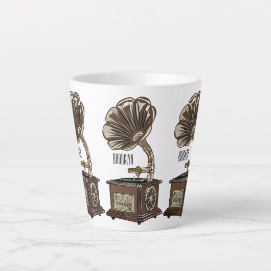 ターンテーブル漫画イラストレーション カフェラテマグ (正面)