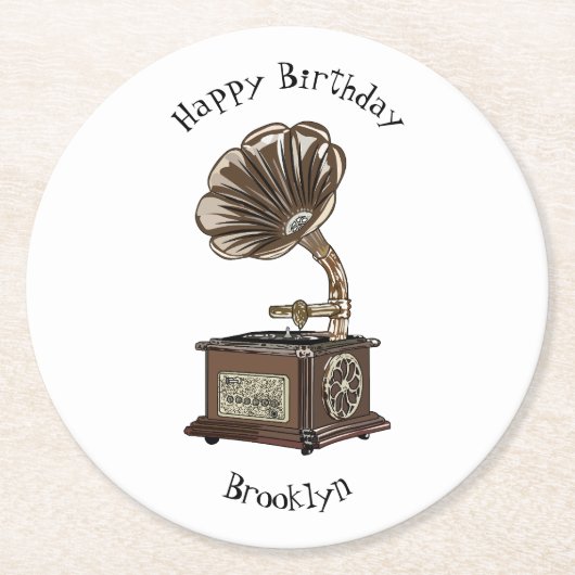 ターンテーブル漫画イラストレーション ラウンドペーパーコースター (正面)