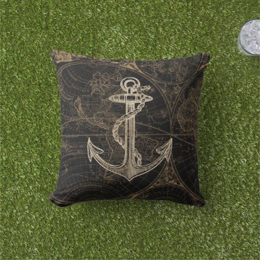 タ航海のンいかりオンブラックヴィンテージワールドマップ アウトドアクッション (芝生)