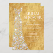 ダイアモきらめくンドス結婚ドレスゴールデングリッター 招待状 (正面/裏面)