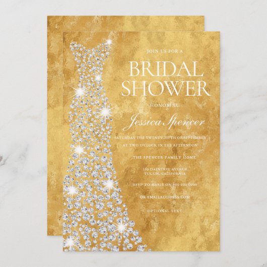 ダイアモきらめくンドス結婚ドレスゴールデングリッター 招待状 (正面/裏面)