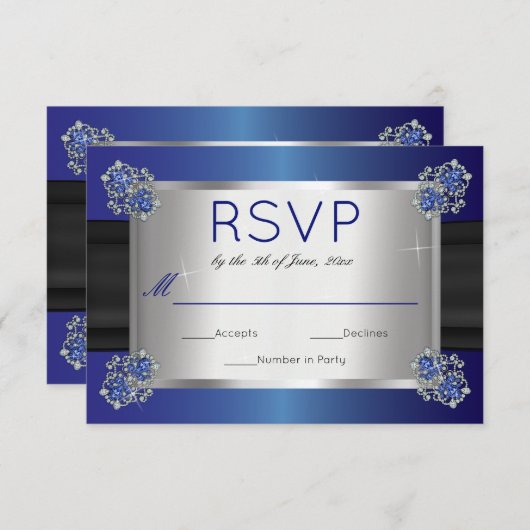 ダイアモンズエレガントサファイアクラップスブルーウェディングRSVP 出欠カード (正面/裏面)