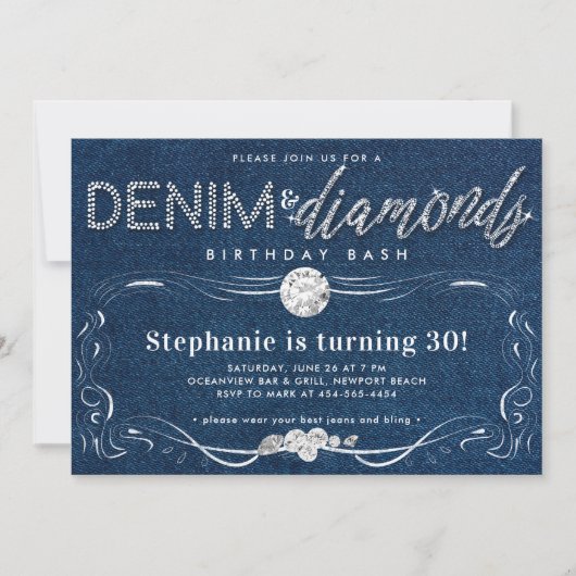 ダイアモンズデニムフローリッシュフレームクラス30歳の誕生日 招待状 (正面)