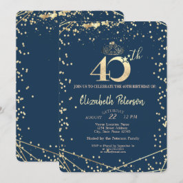 ダイアモンズネイビーブルー金ゴールド40th誕生日パーティー 招待状