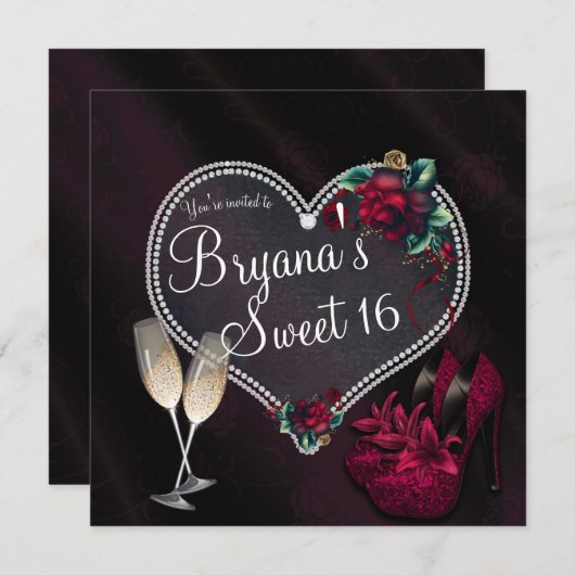 ダイアモンズパールズダークハートハイヒールズスウィート16 招待状 (正面/裏面)