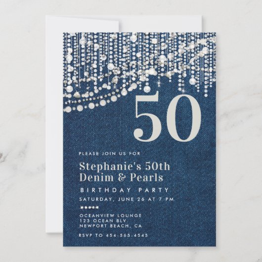 ダイアモンズパールズフリンジージャンデニム50誕生日 招待状 (正面)