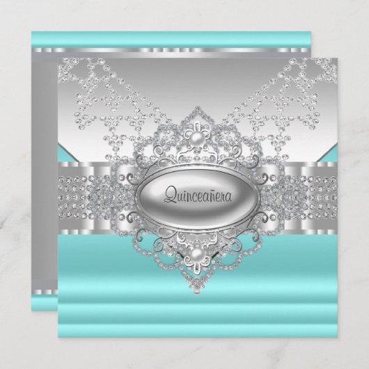 ダイアモンズパールティール（緑がかった色）ブルーキンセアニェラ招待状 招待状 (正面/裏面)