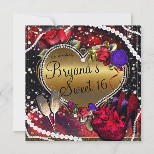 ダイアモンズパールハートハイヒールズスウィート16 招待状 (正面)