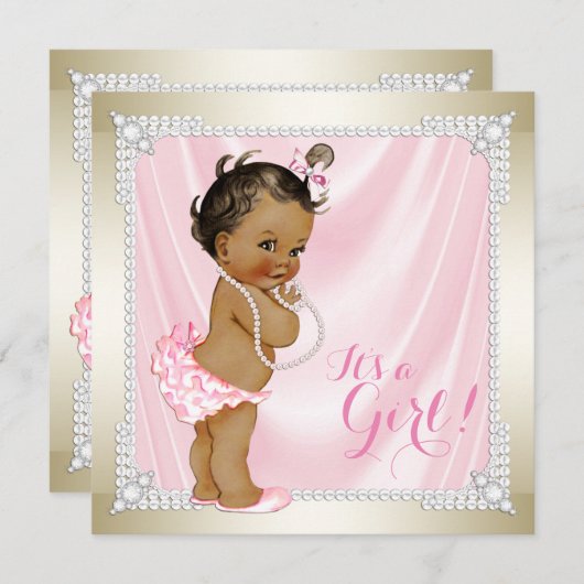 ダイアモンズパールピンク金ゴールドエスニックガールベビーシャワー 招待状 (正面/裏面)