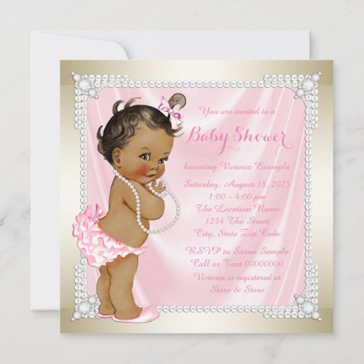 ダイアモンズパールピンク金ゴールドエスニックガールベビーシャワー 招待状 (裏面)